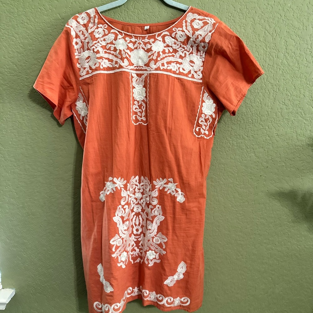 Embroidered Orange Cotton Shift Dress with White Floral Detail